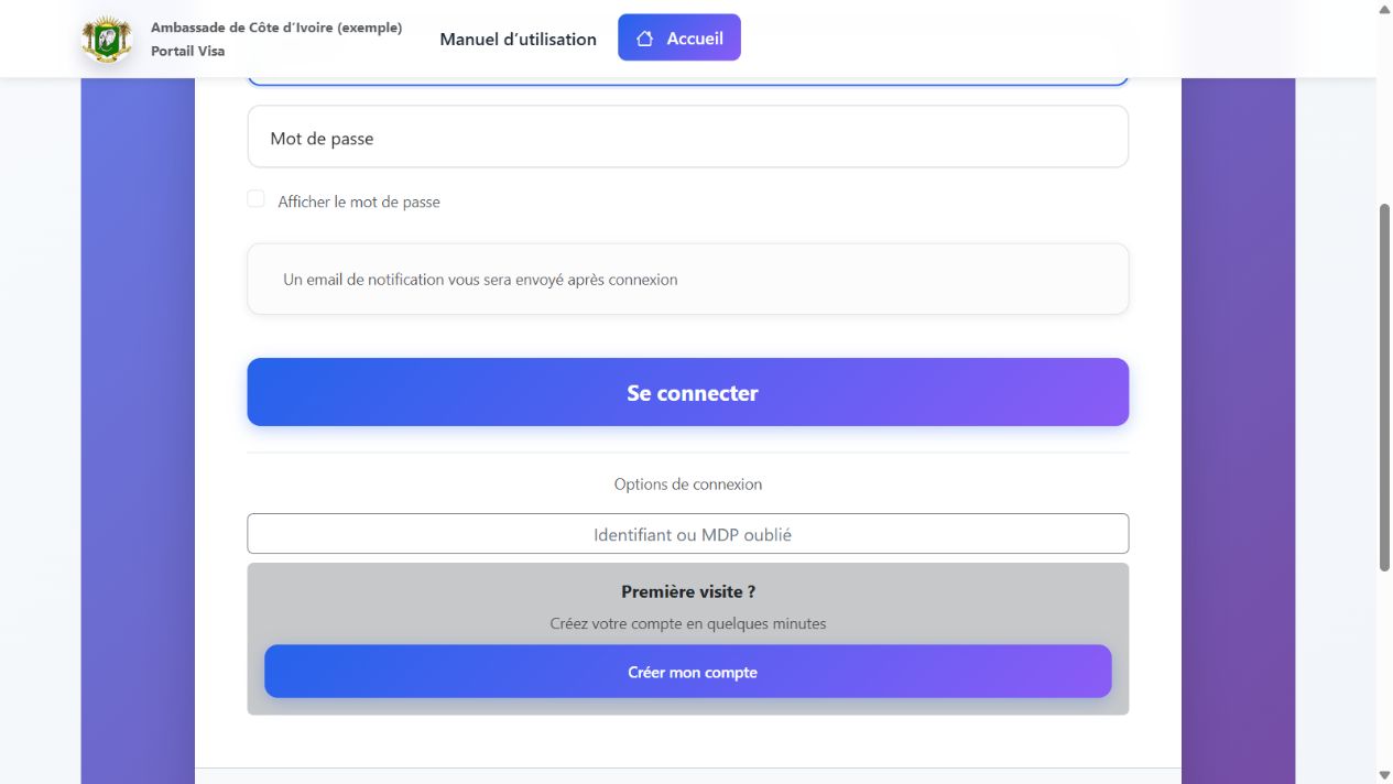 Les commandes de connexion, de récupération et de création de compte.