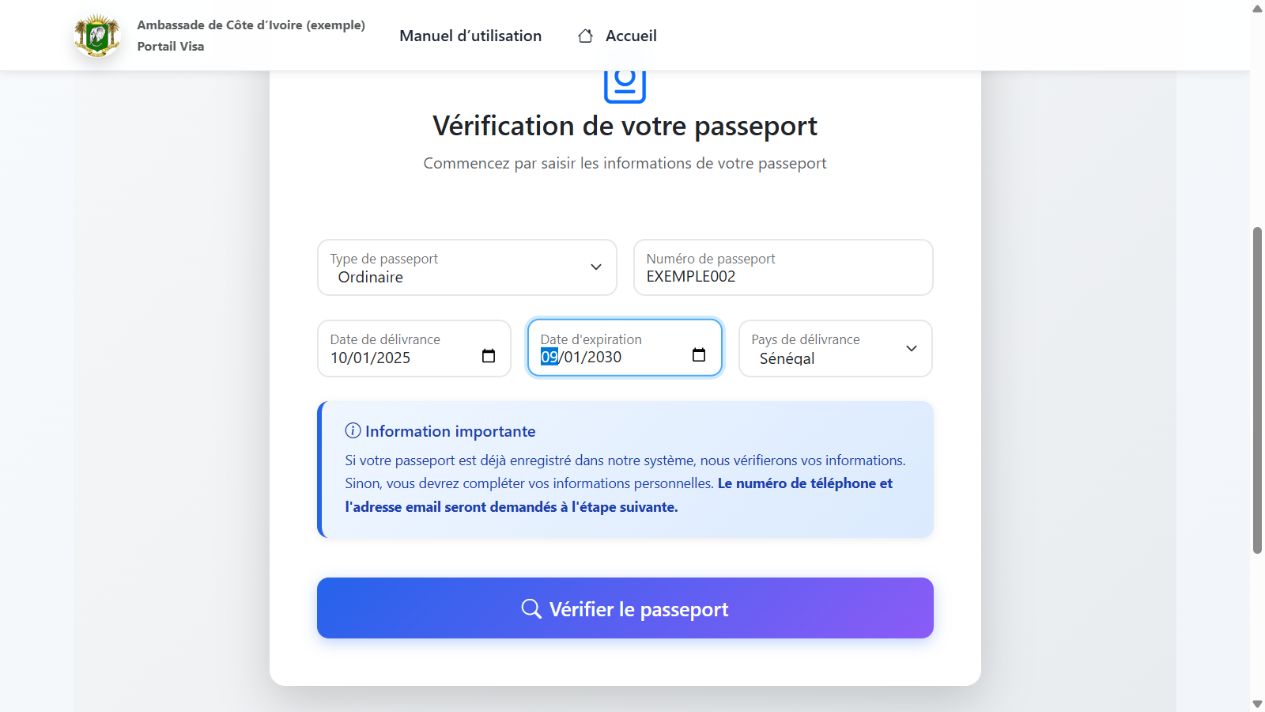 Exemple de saisie : utilisez toujours les informations de votre propre passeport.