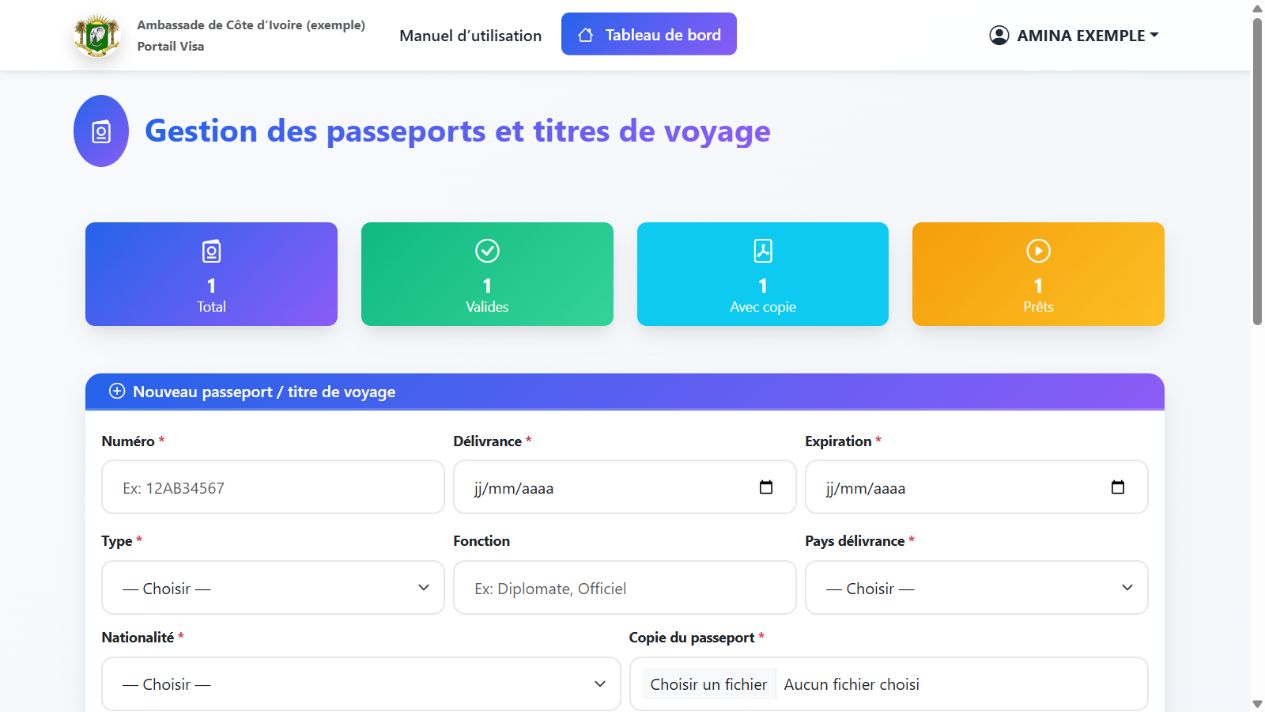 Le formulaire d’ajout se trouve au-dessus de la liste des passeports.