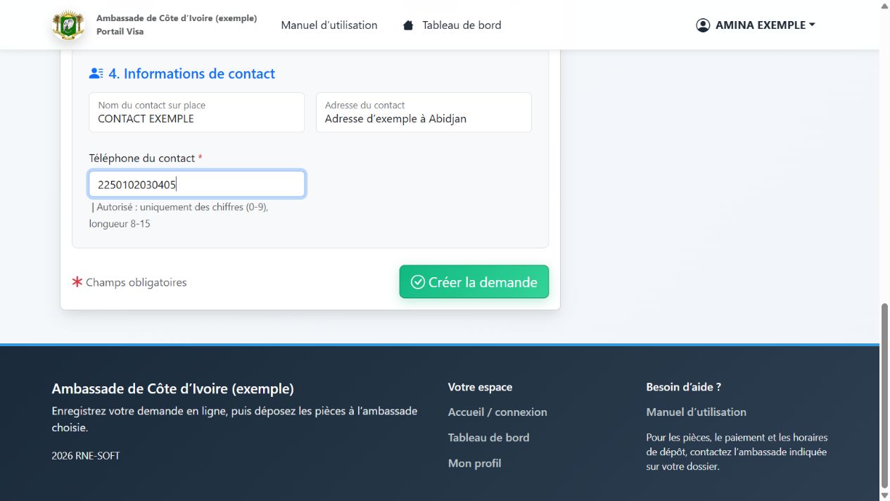 Le bouton Créer la demande termine l’enregistrement des informations.
