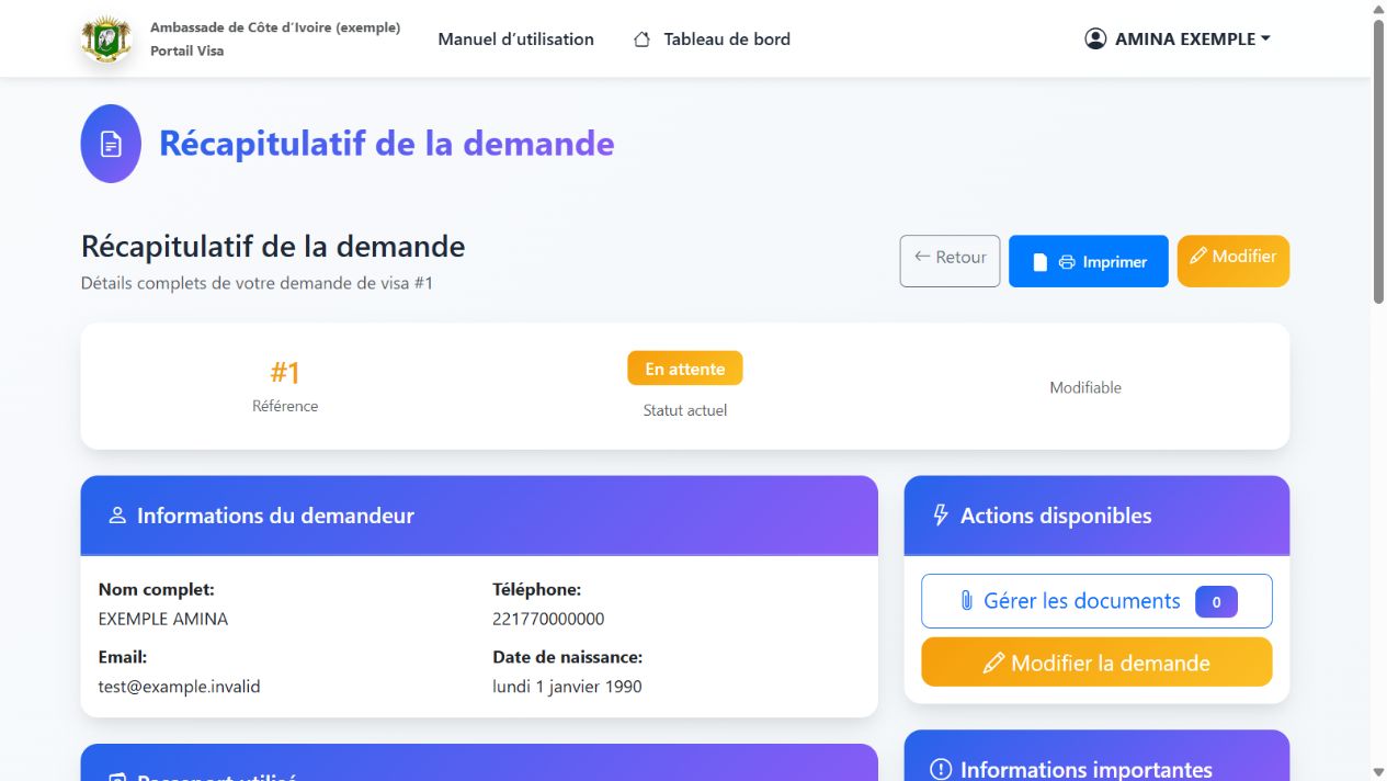 Le récapitulatif permet de retrouver la référence et de relire le dossier avant le dépôt.